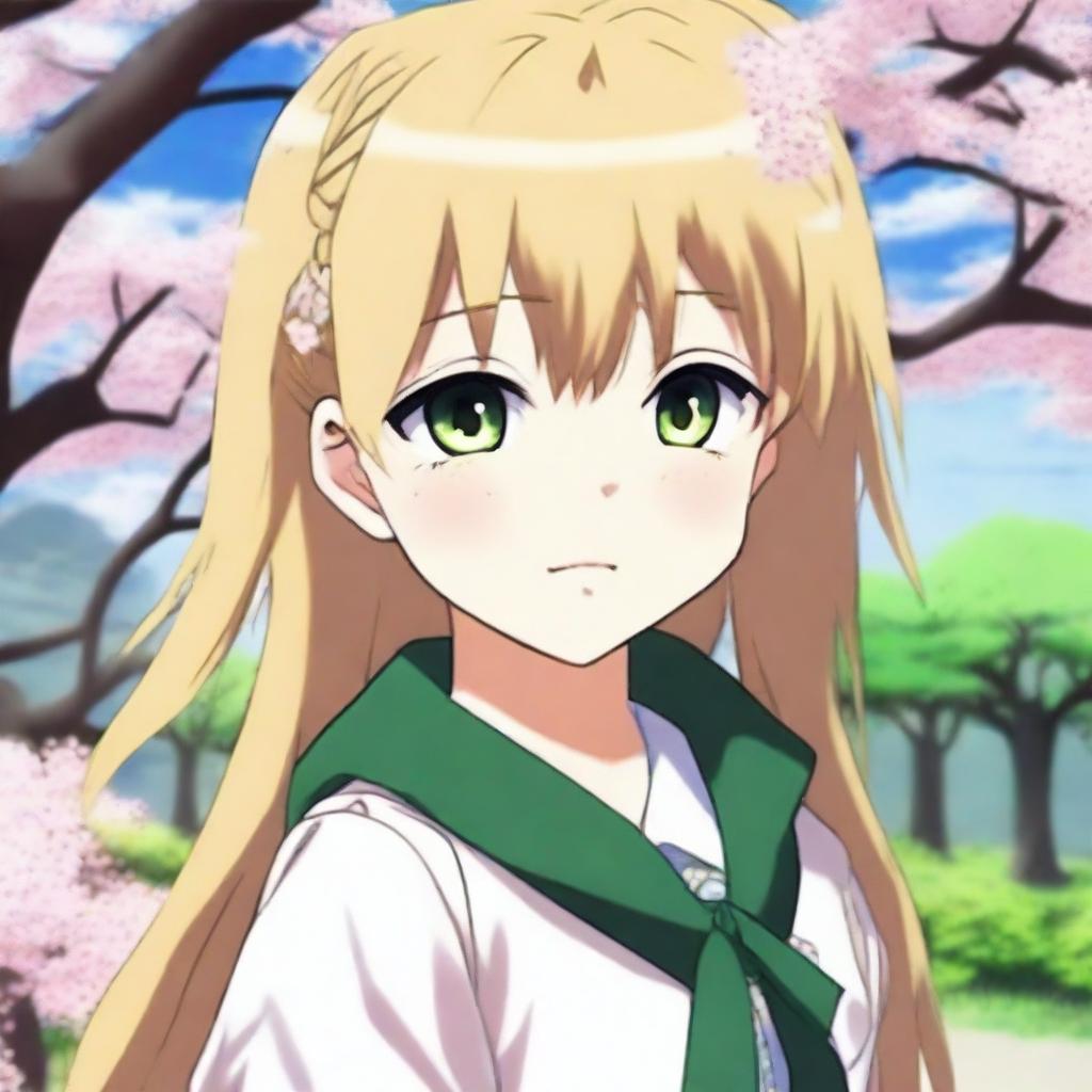 An anime schoolgirl, small and petite, 18 years old with green eyes and dirty blonde hair