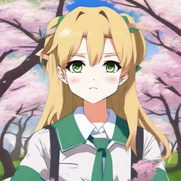 An anime schoolgirl, small and petite, 18 years old with green eyes and dirty blonde hair