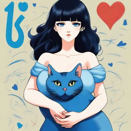 A woman with large breasts, black hair, and black eyes holding a blue cat that is holding a heart and the number 13