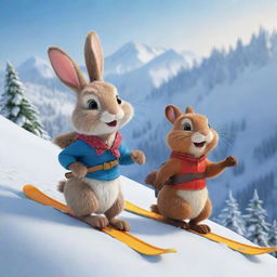 A delightful cartoon scenery featuring a bunny and a beaver, the best of friends, joyously skiing down a snowy mountain slope. Their exuberant expressions perfectly capture their fun-filled friendship and the thrill of their winter activity.