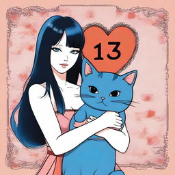 A woman with large breasts, black hair, and black eyes holding a blue cat that is holding a heart and the number 13