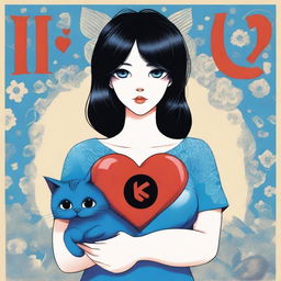 A woman with large breasts, black hair, and black eyes holding a blue cat that is holding a heart and the number 13