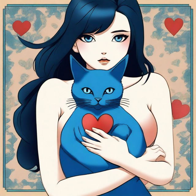 A woman with large breasts, black hair, and black eyes holding a blue cat that is holding a heart and the number 13