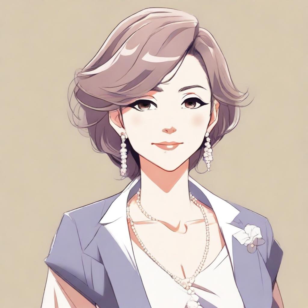 Create an anime-style illustration featuring a mature woman with elegant and sophisticated features