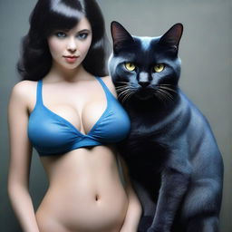 Create a realistic image of a woman with very large breasts, black hair, big black eyes, and a blue cat