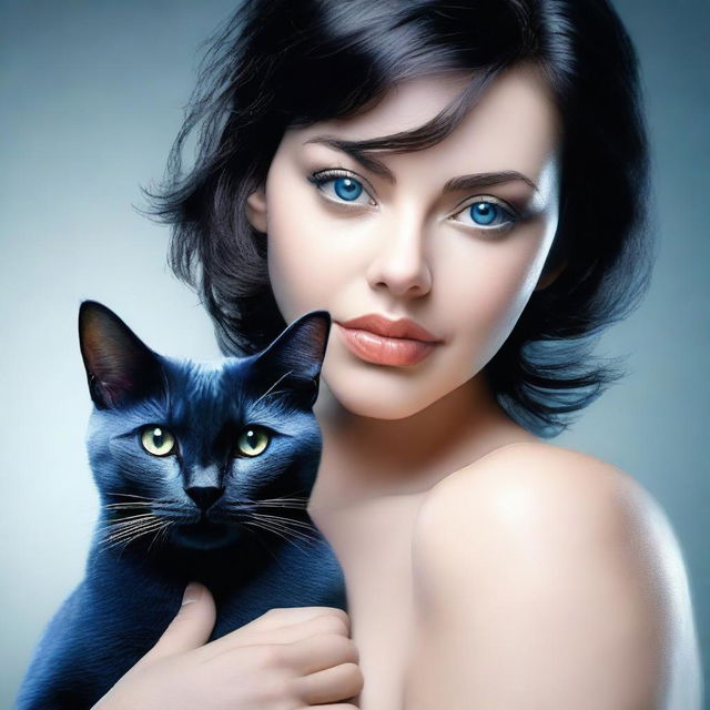 Create a realistic image of a woman with very large breasts, black hair, big black eyes, and a blue cat