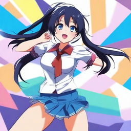 An anime schoolgirl with a tall and athletic build, featuring blue eyes and straight black hair