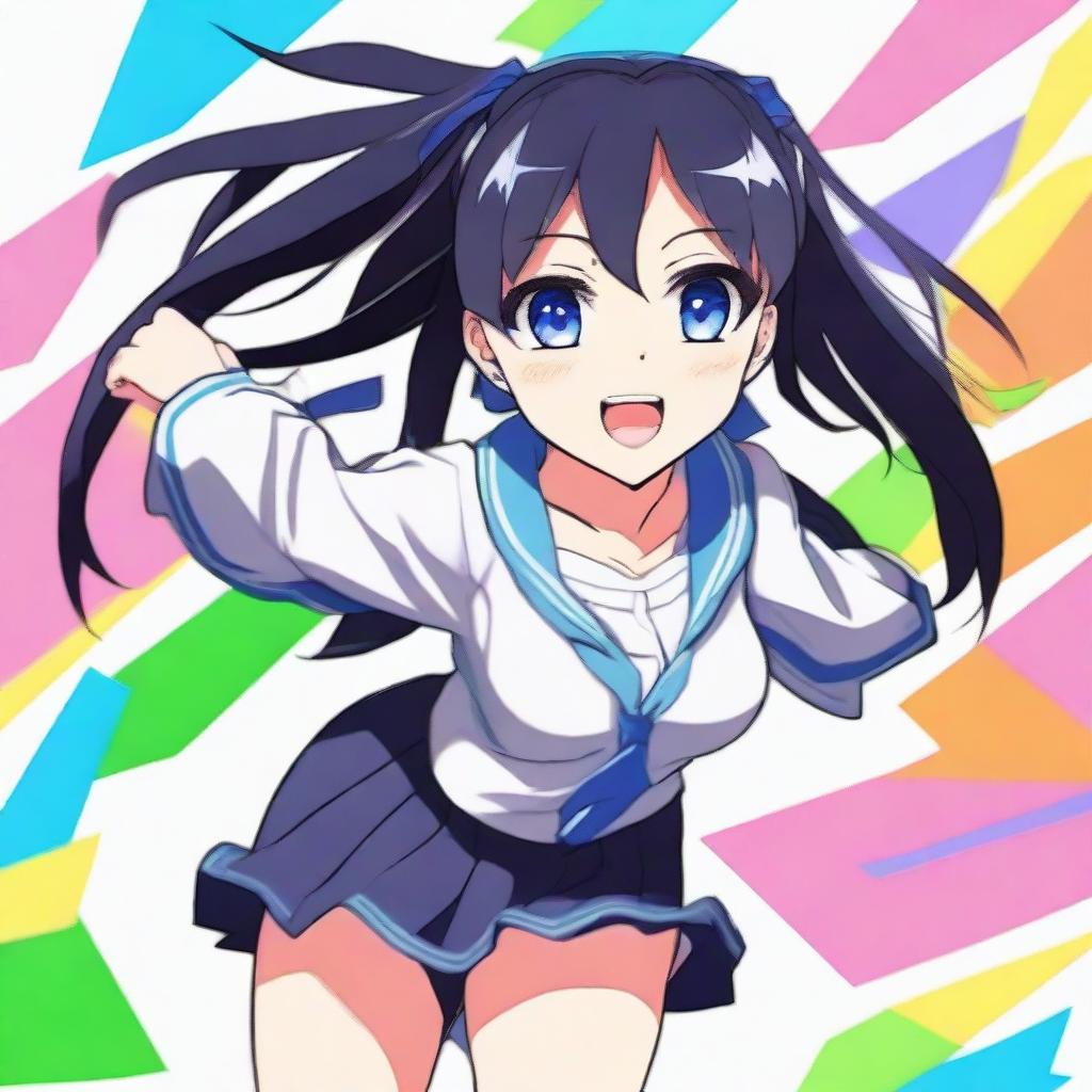 An anime schoolgirl with a tall and athletic build, featuring blue eyes and straight black hair