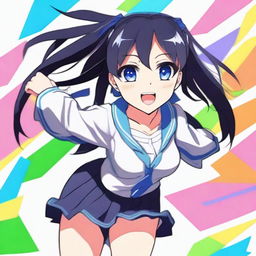 An anime schoolgirl with a tall and athletic build, featuring blue eyes and straight black hair