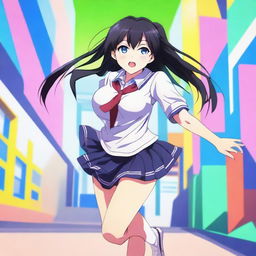 An anime schoolgirl with a tall and athletic build, featuring blue eyes and straight black hair