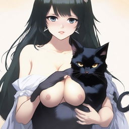 A woman with large breasts, long black hair, black eyes, tanned skin, and a black cat nestled between her breasts