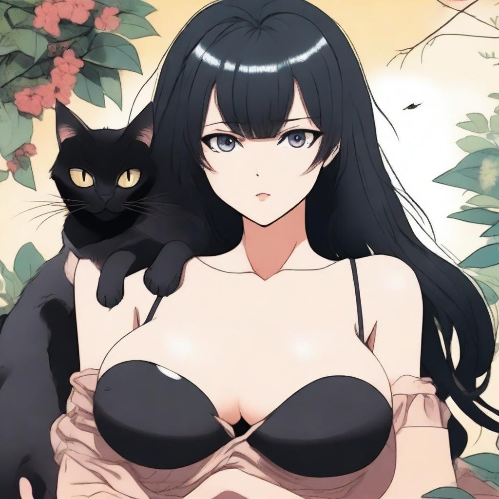 A woman with large breasts, long black hair, black eyes, tanned skin, and a black cat nestled between her breasts