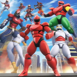 Create a dynamic and action-packed scene featuring characters from Sentai Daishikkaku