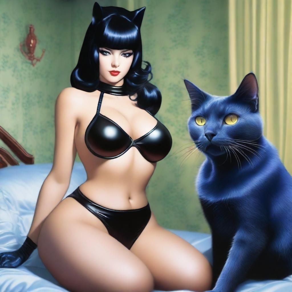 Realistic image of a woman with black hair and black eyes, wearing erotic latex lingerie, and having very large breasts