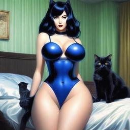 Realistic image of a woman with black hair and black eyes, wearing erotic latex lingerie, and having very large breasts