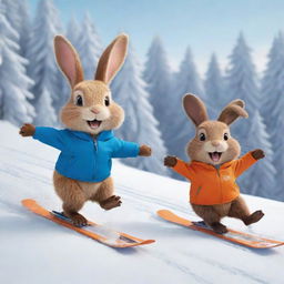 A gleeful cartoon bunny and a beaver, skiing freely down a snowy slope. Their joy and excitement are evident, embodying their lively, fun-filled friendship as they enjoy this winter sport together.