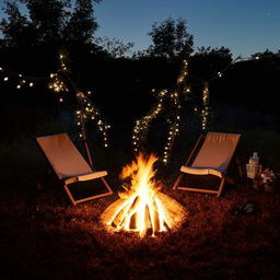 Aesthetic evening party scene outdoors with a large, crackling bonfire, illuminated surrounding decorated with fairy lights, comfortable lounge chairs and a festive atmosphere