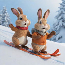 A gleeful cartoon bunny and a beaver, skiing freely down a snowy slope. Their joy and excitement are evident, embodying their lively, fun-filled friendship as they enjoy this winter sport together.