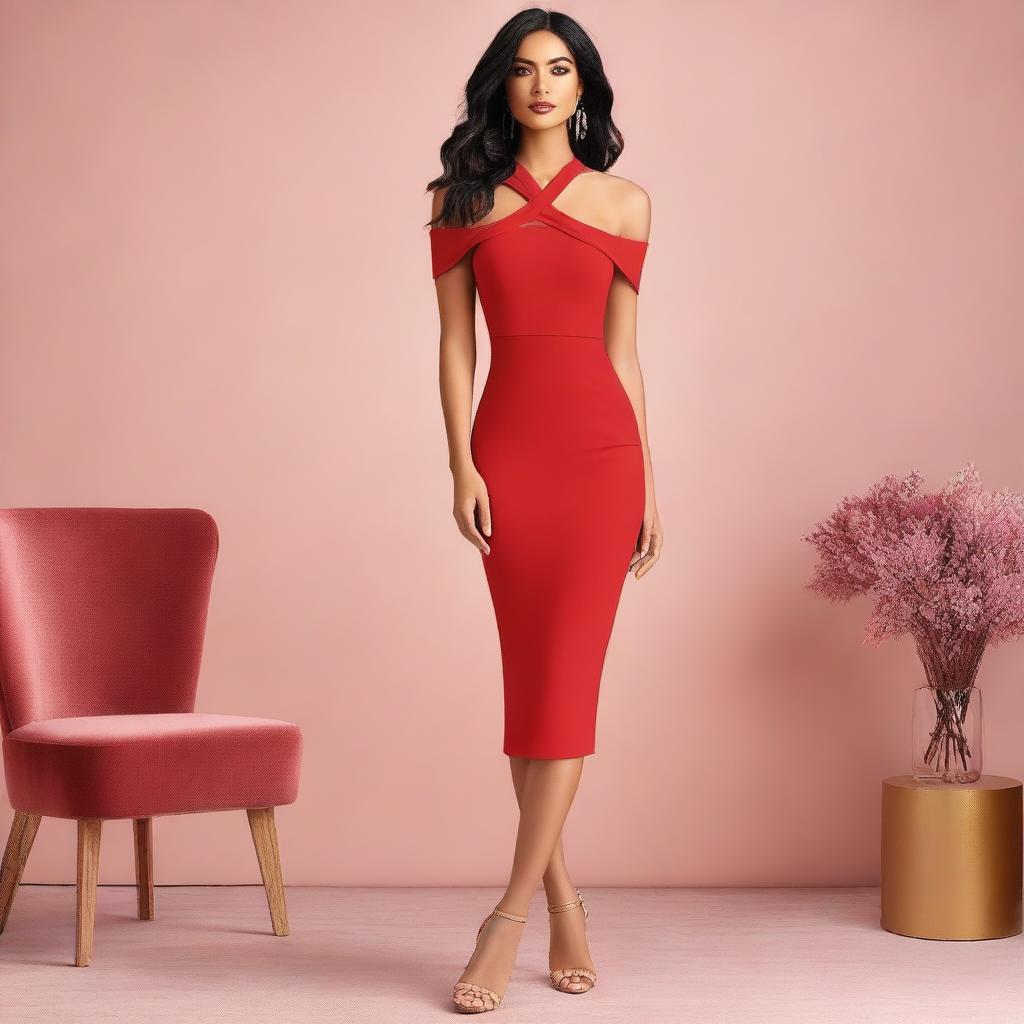 A captivating image featuring a red mid-length bodycon dress flowing gracefully across the scene