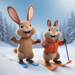 A gleeful cartoon bunny and a beaver, skiing freely down a snowy slope. Their joy and excitement are evident, embodying their lively, fun-filled friendship as they enjoy this winter sport together.