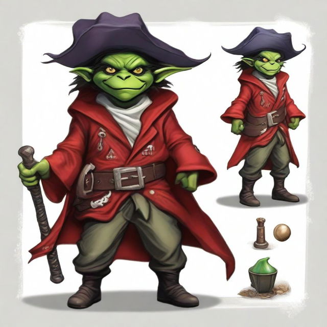 Create an image of a Dungeons & Dragons goblin character who is both a pirate and a wizard