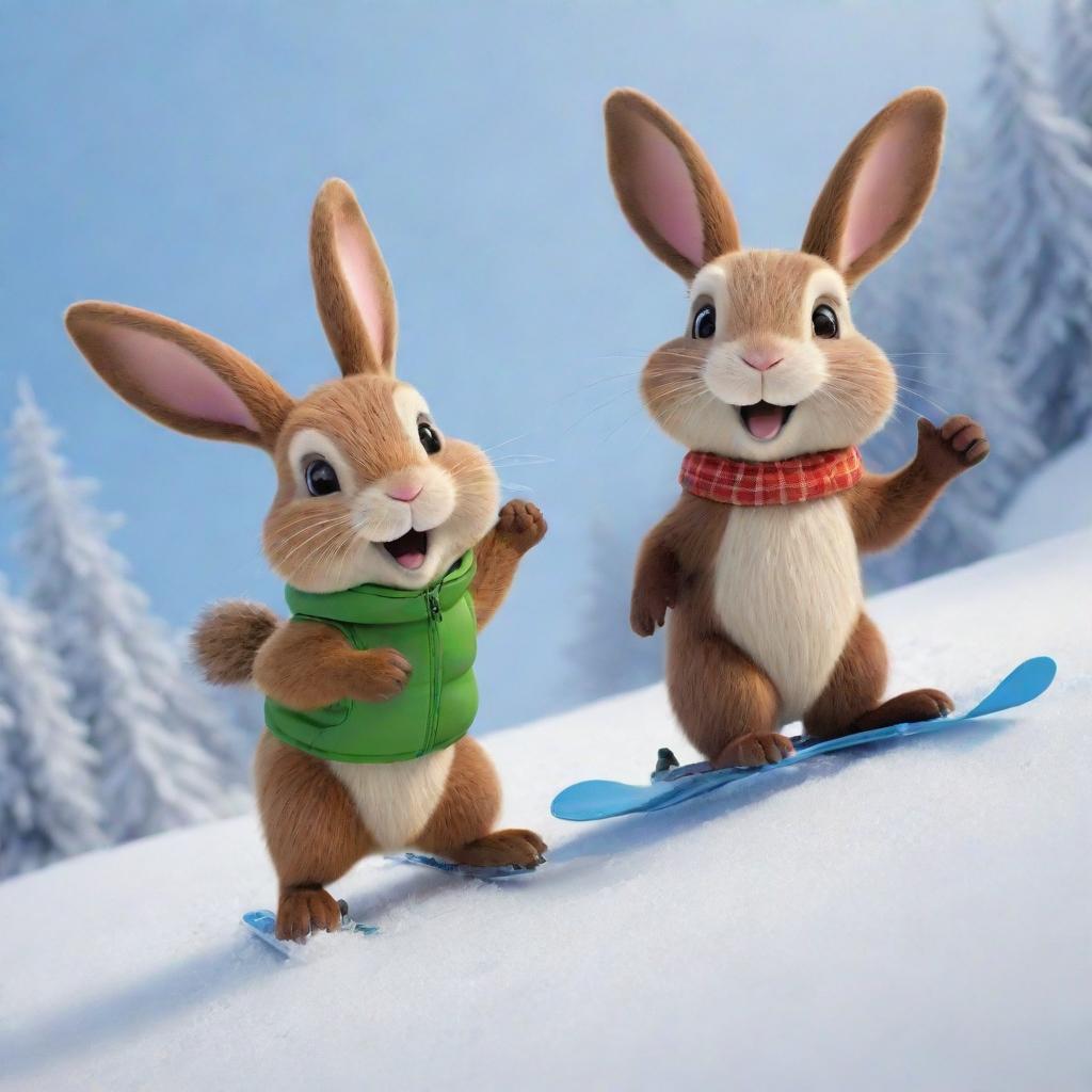 A gleeful cartoon bunny and a beaver, skiing freely down a snowy slope. Their joy and excitement are evident, embodying their lively, fun-filled friendship as they enjoy this winter sport together.