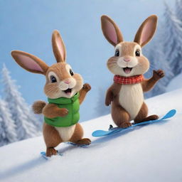 A gleeful cartoon bunny and a beaver, skiing freely down a snowy slope. Their joy and excitement are evident, embodying their lively, fun-filled friendship as they enjoy this winter sport together.