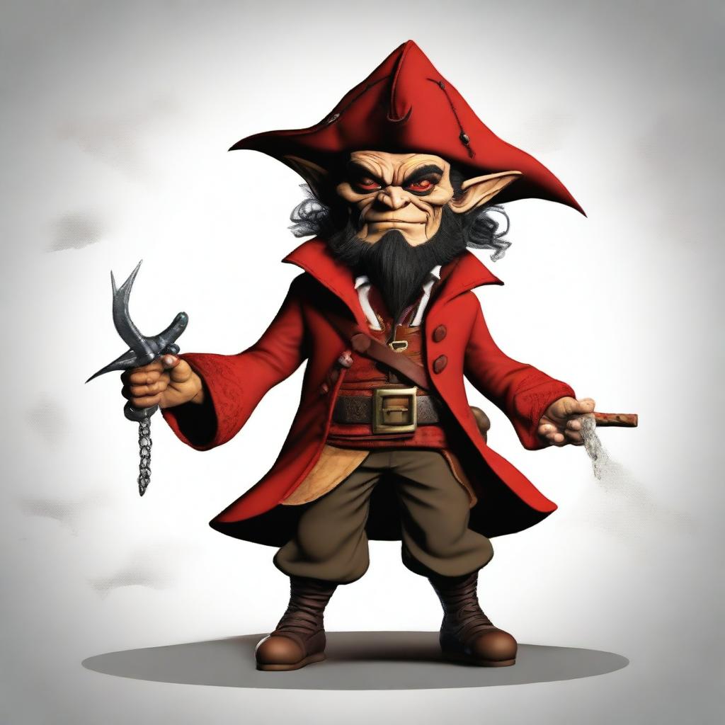 Create an image of a Dungeons & Dragons goblin character who is both a pirate and a wizard, with a unique blend of Elvis Presley and Captain Jack Sparrow