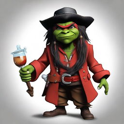 Create an image of a Dungeons & Dragons goblin character who is both a pirate and a wizard, with a unique blend of Elvis Presley and Captain Jack Sparrow