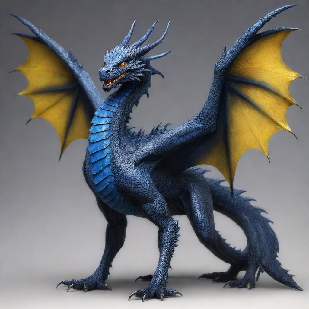 A majestic high fantasy dragon with a dark blue body, webbed talons, webbing extending from its spine, a barbed tail, and radiant yellow eyes. It has wide wings that neatly tuck against its body, enhancing its profound beauty.