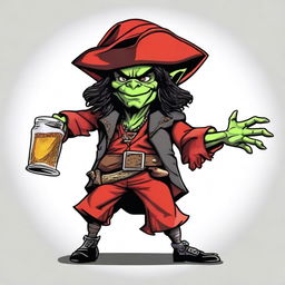 Create an image of a Dungeons & Dragons goblin character who is both a pirate and a wizard, with a unique blend of Elvis Presley and Captain Jack Sparrow