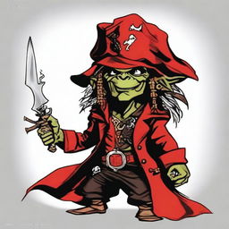 Create an image of a Dungeons & Dragons goblin character who is both a pirate and a wizard, with a unique blend of Elvis Presley and Captain Jack Sparrow