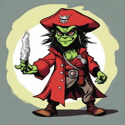 Create an image of a Dungeons & Dragons goblin character who is both a pirate and a wizard, with a unique blend of Elvis Presley and Captain Jack Sparrow