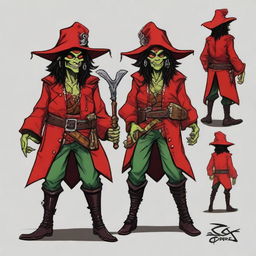 Create an image of a Dungeons & Dragons goblin character who is both a pirate and a wizard, with a unique blend of Elvis Presley and Captain Jack Sparrow