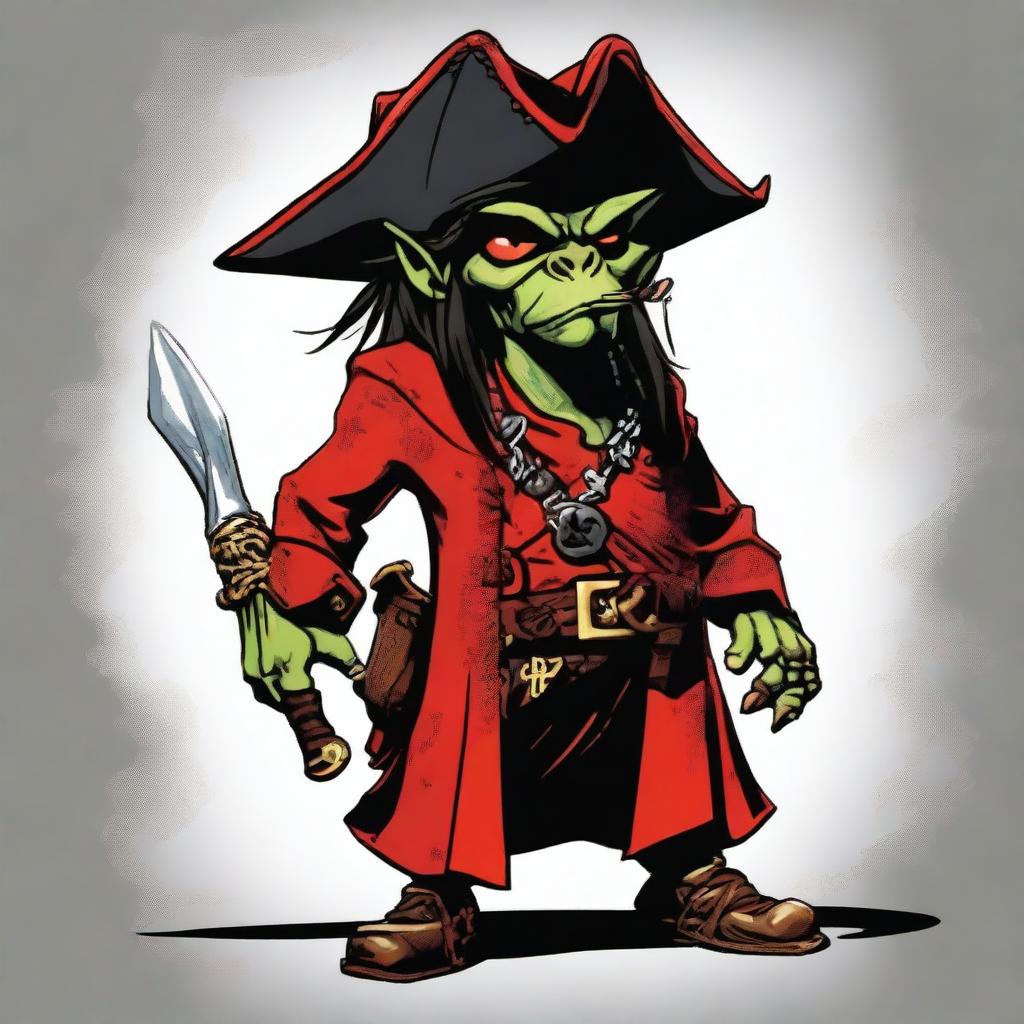 Create an image of a Dungeons & Dragons goblin character who is both a pirate and a wizard, with a unique blend of Elvis Presley and Captain Jack Sparrow