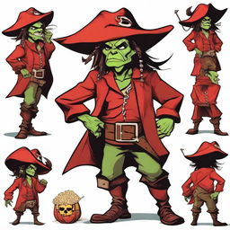 Create an image of a Dungeons & Dragons goblin character who is both a pirate and a wizard, with a unique blend of Elvis Presley and Captain Jack Sparrow, and who is handsome