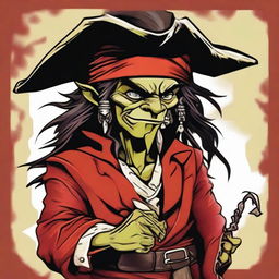 Create an image of a Dungeons & Dragons goblin character who is both a pirate and a wizard, with a unique blend of Elvis Presley and Captain Jack Sparrow, and who is handsome