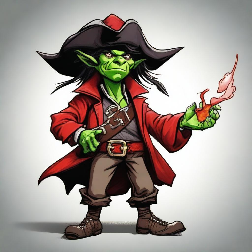 Create an image of a Dungeons & Dragons goblin character who is both a pirate and a wizard, with a unique blend of Elvis Presley and Captain Jack Sparrow, and who is handsome