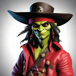 Create an image of a Dungeons & Dragons goblin character who is both a pirate and a wizard, with a unique blend of Elvis Presley and Captain Jack Sparrow, and who is handsome