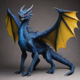 A majestic high fantasy dragon with a dark blue body, webbed talons, webbing extending from its spine, a barbed tail, and radiant yellow eyes. It has wide wings that neatly tuck against its body, enhancing its profound beauty.