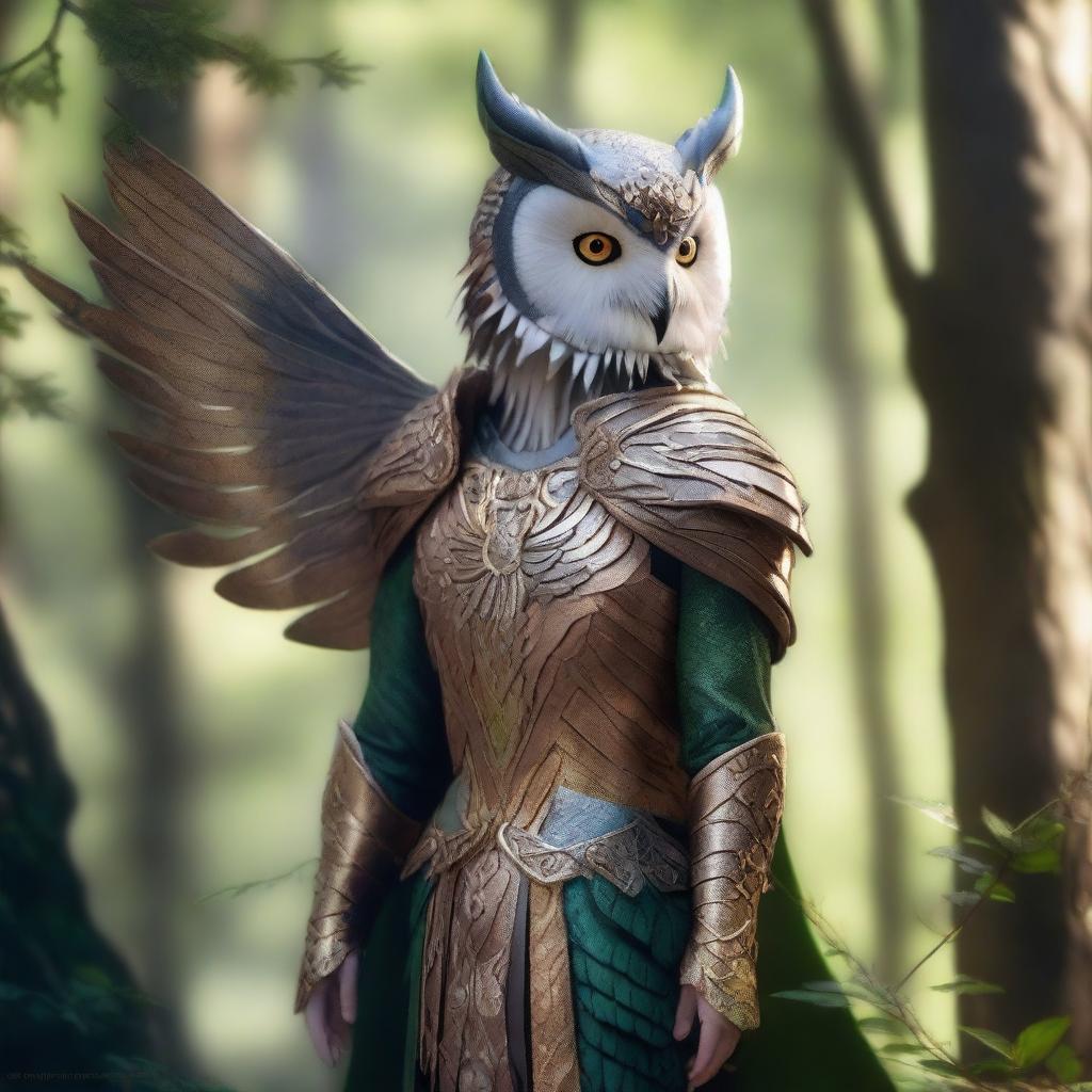 A majestic elf wearing intricately designed owl armor, featuring feathers and talons