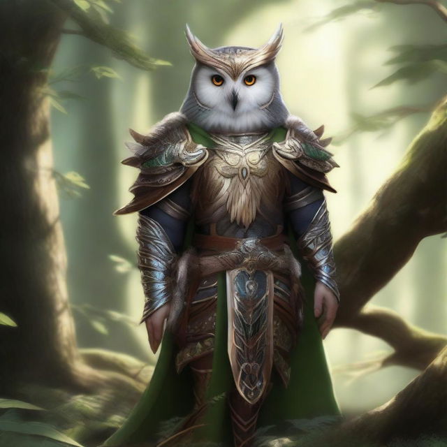 A majestic elf wearing intricately designed owl armor, featuring feathers and talons