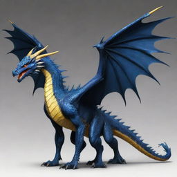 A majestic high fantasy dragon with a dark blue body, webbed talons, webbing extending from its spine, a barbed tail, and radiant yellow eyes. It has wide wings that neatly tuck against its body, enhancing its profound beauty.