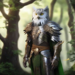 A majestic elf wearing intricately designed owl armor, featuring feathers and talons