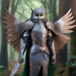 A noble elf clad in armor shaped like an owl, with intricate feather patterns and sharp talon details