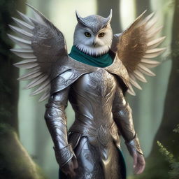 A noble elf clad in armor shaped like an owl, with intricate feather patterns and sharp talon details