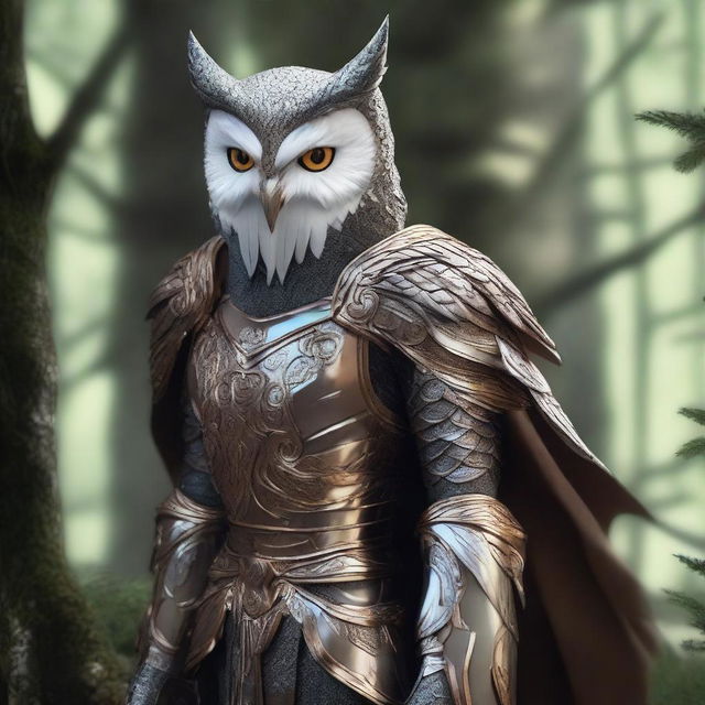 A noble elf clad in armor shaped like an owl, with intricate feather patterns and sharp talon details