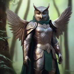 A noble elf clad in armor shaped like an owl, with intricate feather patterns and sharp talon details