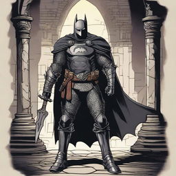 A Dungeons and Dragons version of Batman, dressed in medieval armor with a bat motif