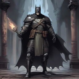 A Dungeons and Dragons version of Batman, dressed in medieval armor with a bat motif